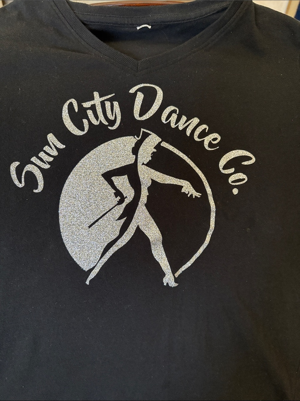 Sun City Dance Co. Glitter Logo V-Neck Tee — Black & Silver